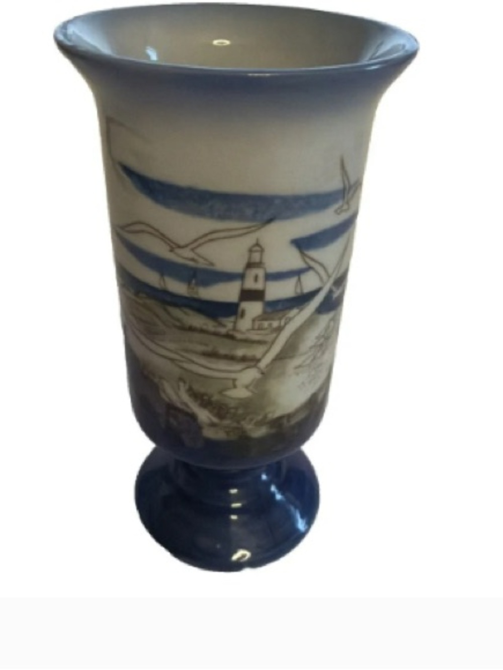 Blue and White Ceramic Pedestal Vase with Nautical Lighthouse Design